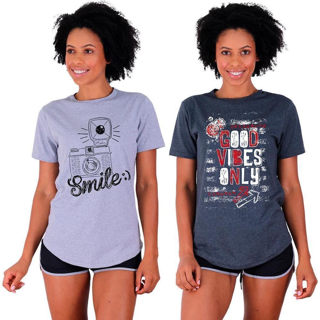 Kit 2 Camisetas Longline Feminina MXD Conceito Slim Diversas Estampas