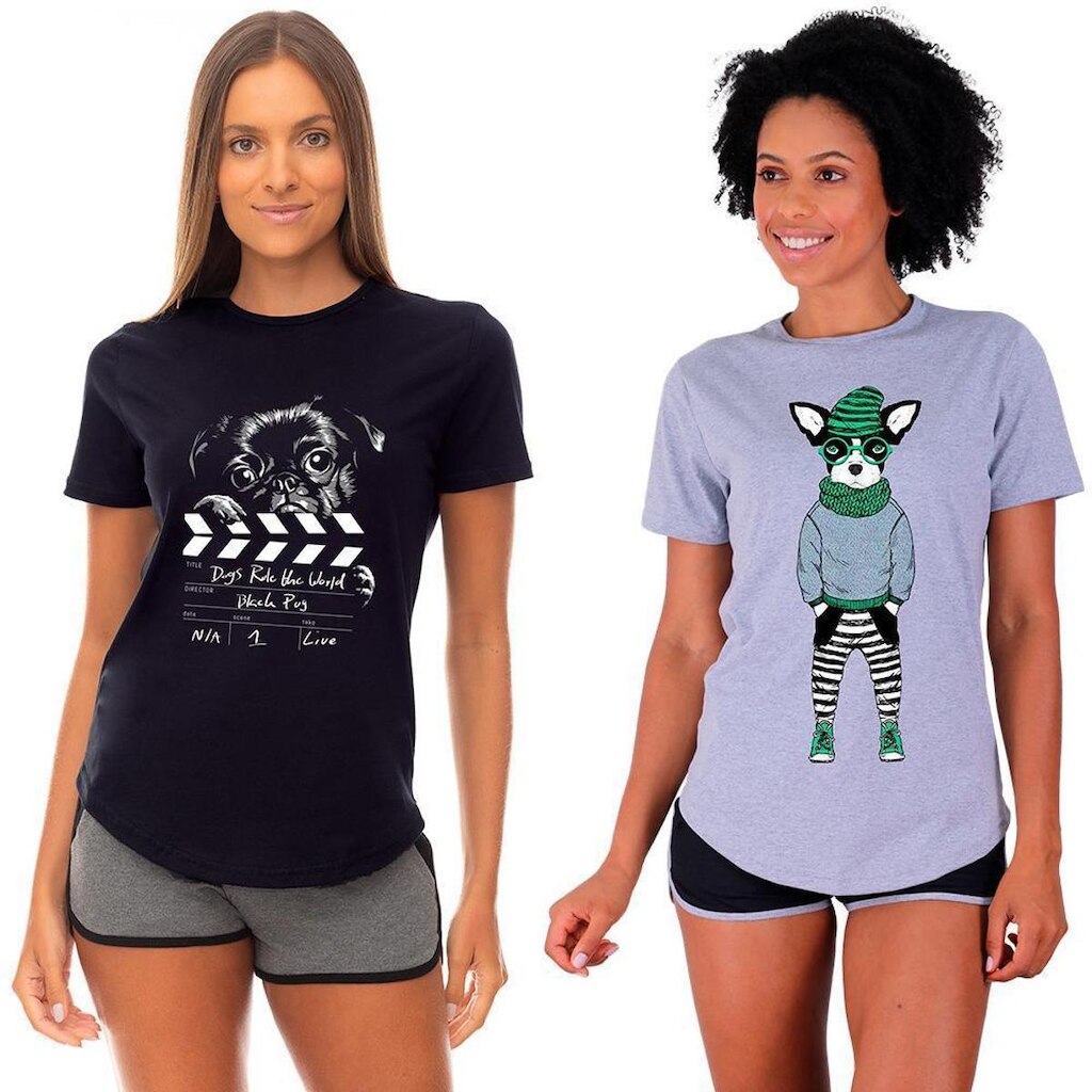 Kit 2 Camisetas Longline Feminina MXD Conceito Slim Diversas Estampas