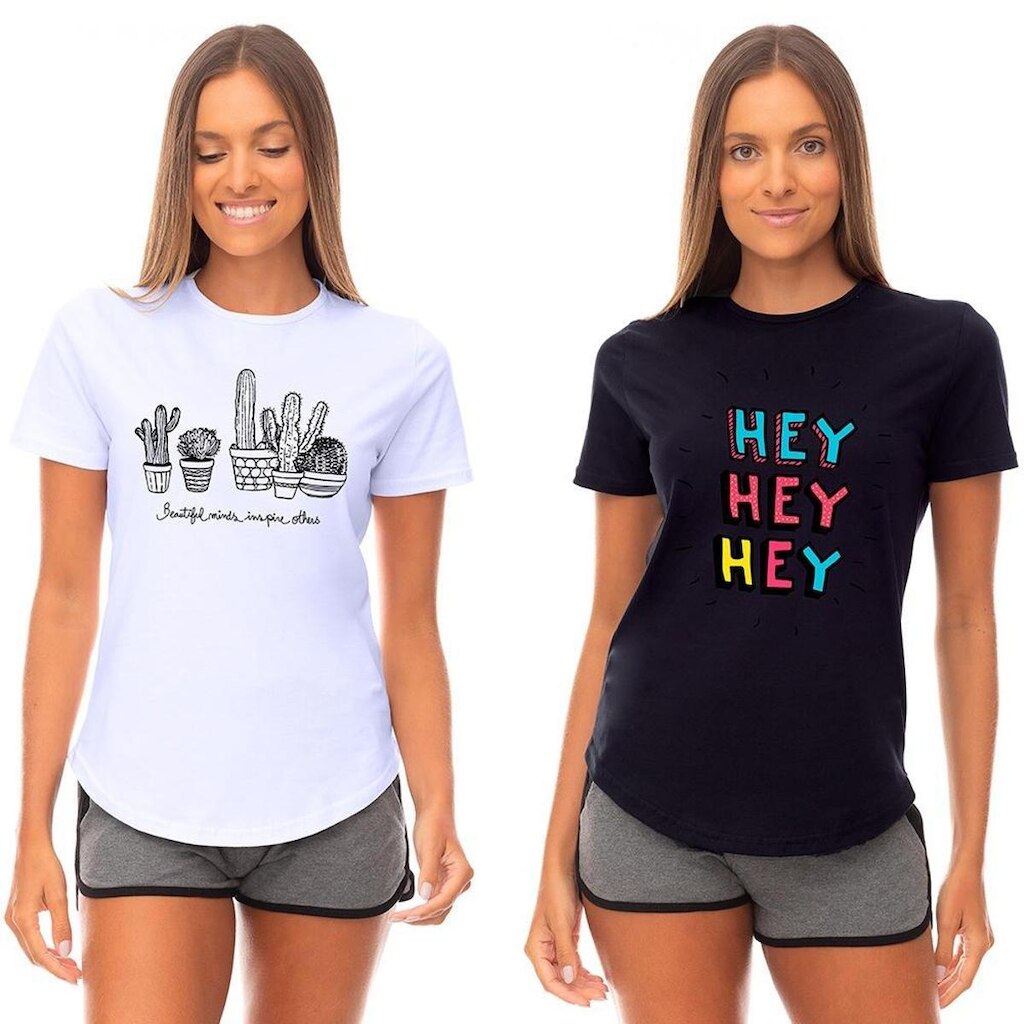 Kit 2 Camisetas Longline Feminina MXD Conceito Slim Estampas Variadas