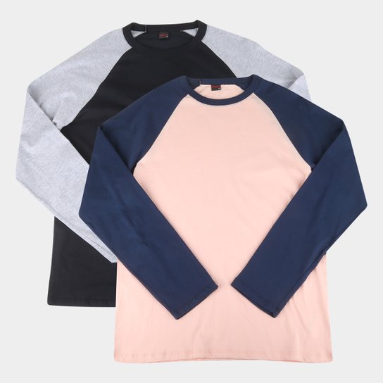 Kit 2 Camisetas Manga Longa Básicos Raglan Masculina - Preto+Laranja Menor preço em Kit 2 Camisetas Manga Longa Básicos Raglan Masculina - Preto+Laranja