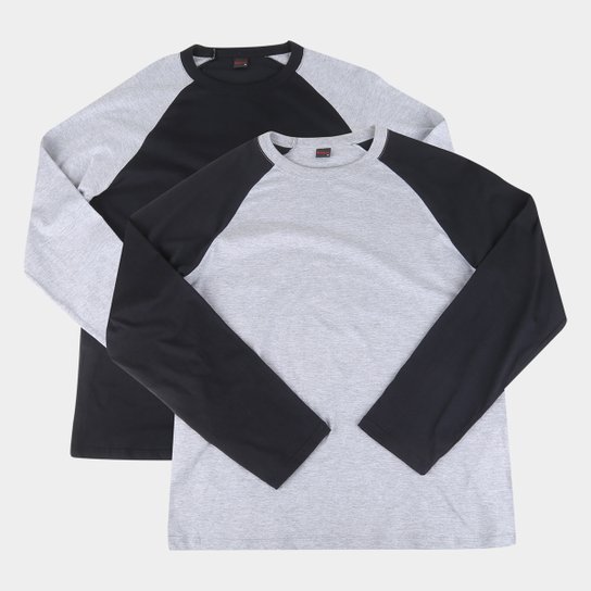 Kit 2 Camisetas Manga Longa Básicos Raglan Masculina - Preto+Cinza