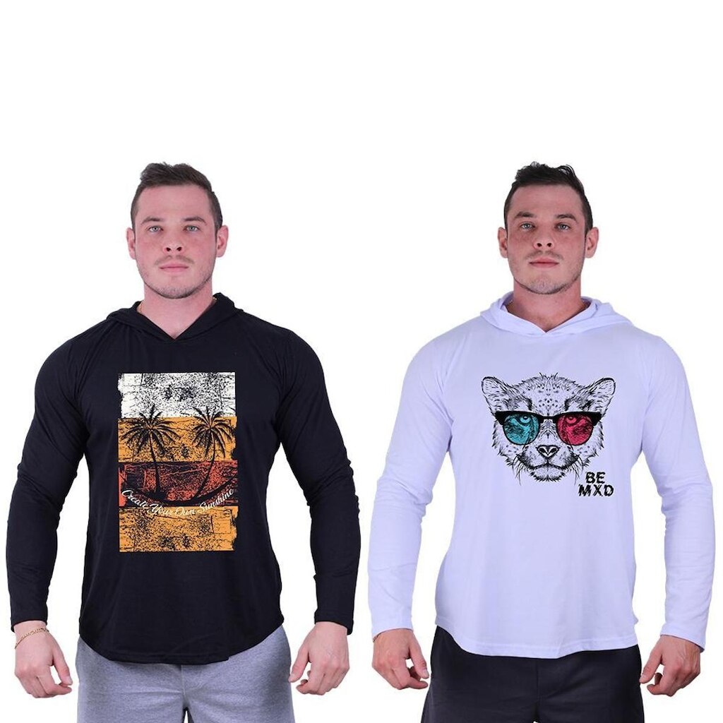 Kit 2 Camisetas Manga Longa com Touca Longline Estampada Treino Academia Lazer Casual