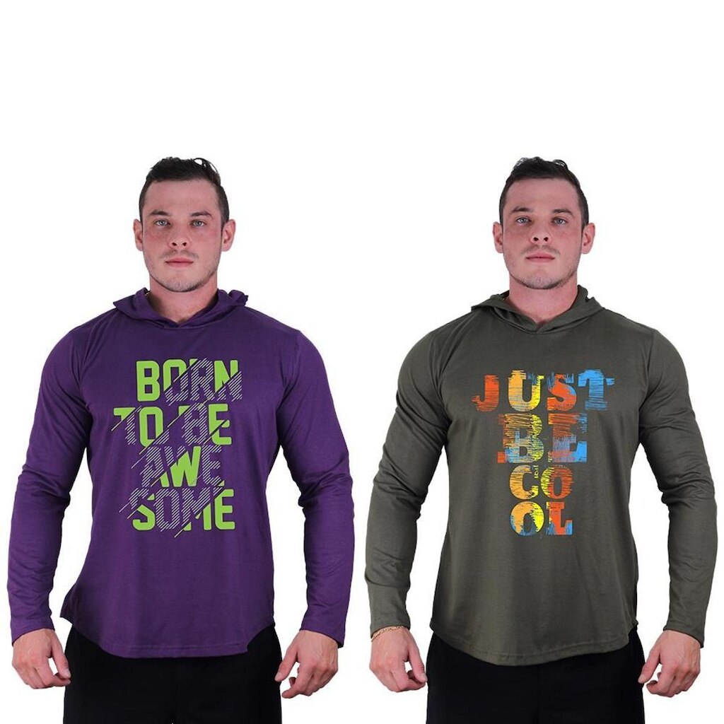 Kit 2 Camisetas Manga Longa com Touca Longline Estampada Treino Academia Lazer Casual