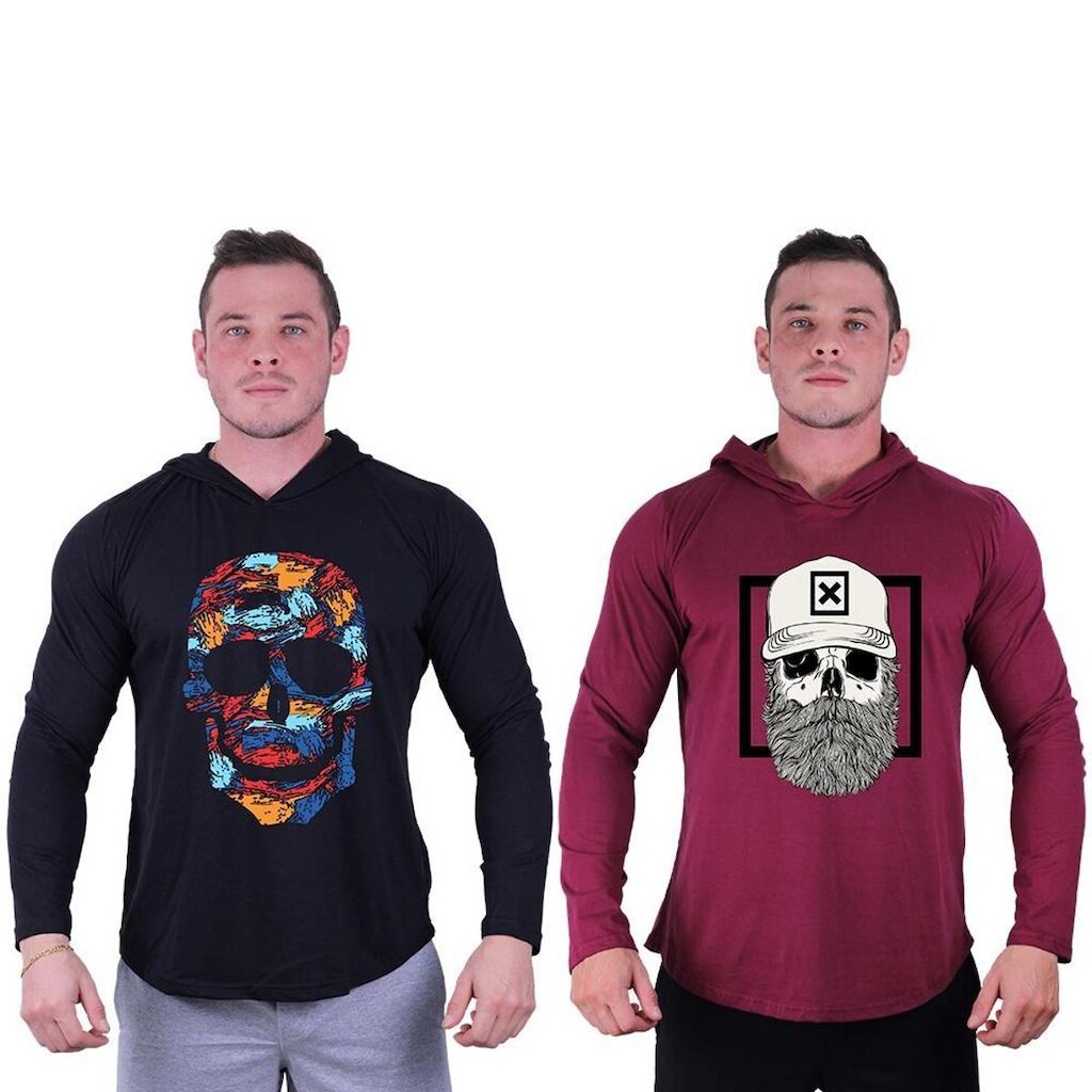 Kit 2 Camisetas Manga Longa com Touca Longline Estampada Treino Academia Lazer Casual