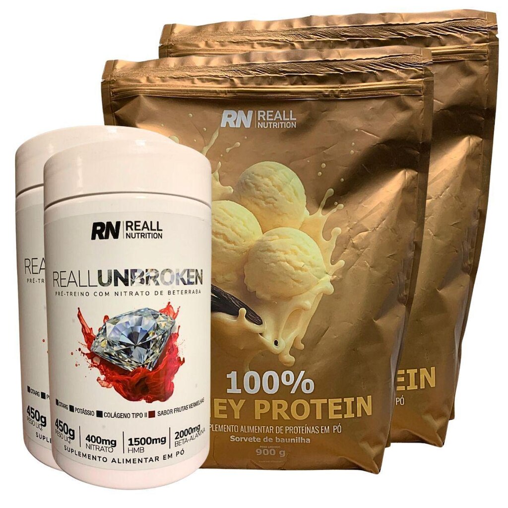 Kit 2 Combo Pré-Treino + Whey Suplemento Reall Nutrition