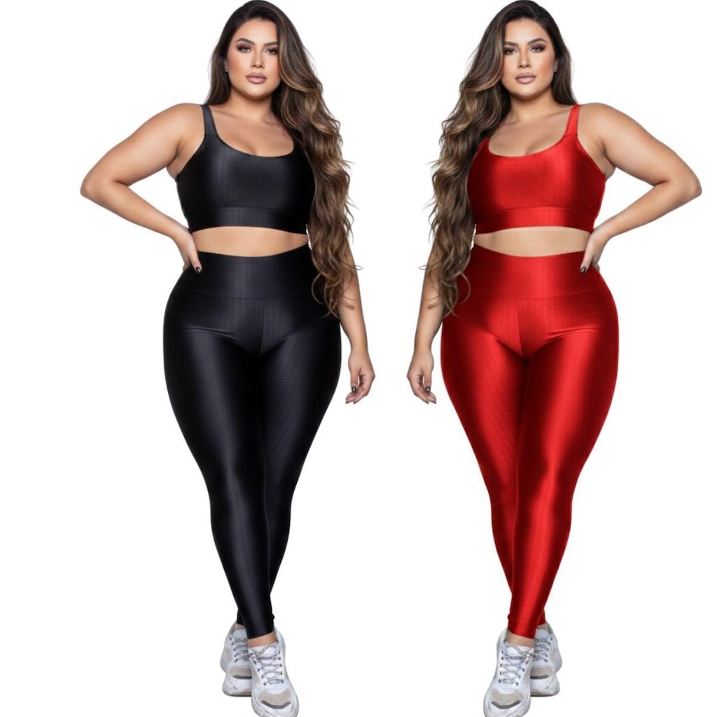 KIT 2 Conjunto Fitness Plus Size Top e Calça New Zig 3D Serra e Mar Alta Compressão Academia Treino