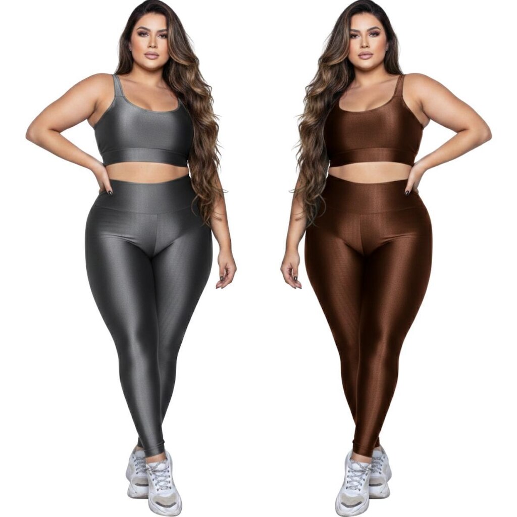 KIT 2 Conjunto Fitness Plus Size Top e Calça New Zig 3D Serra e Mar Alta Compressão Academia Treino