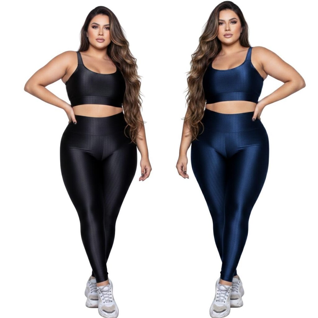 KIT 2 Conjunto Fitness Plus Size Top e Calça New Zig 3D Serra e Mar Alta Compressão Academia Treino
