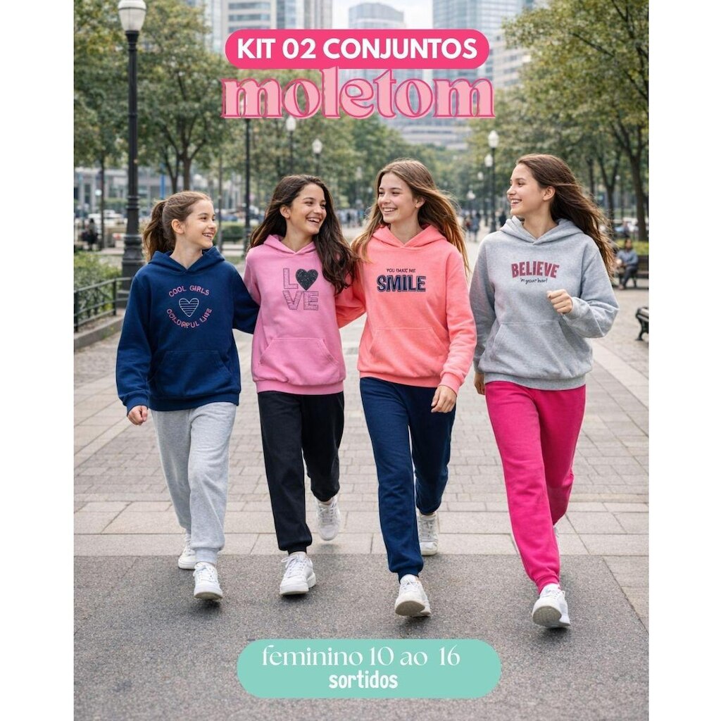 kit 2 Conjunto Moletom Flanelado Juvenil Menina Capuz Bolso