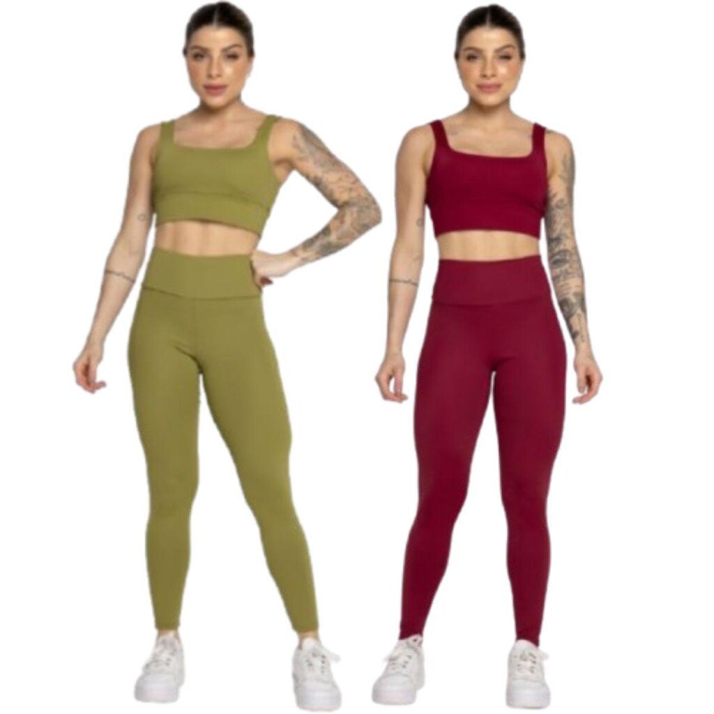 KIT 2 Conjunto Top Alça Grossa e Calça Smart Serra e Mar Alta Compressão Academia Moda Fitness