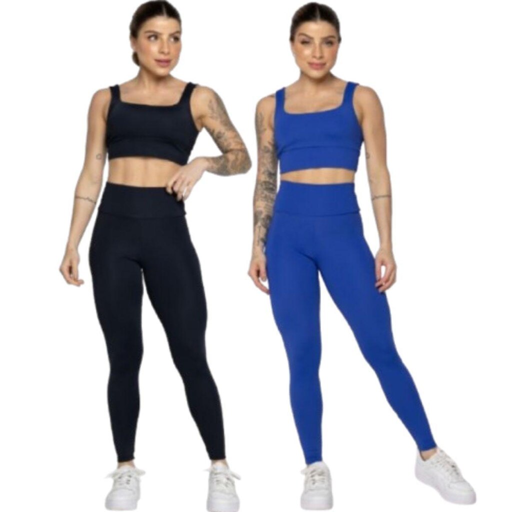 KIT 2 Conjunto Top Alça Grossa e Calça Smart Serra e Mar Alta Compressão Academia Moda Fitness