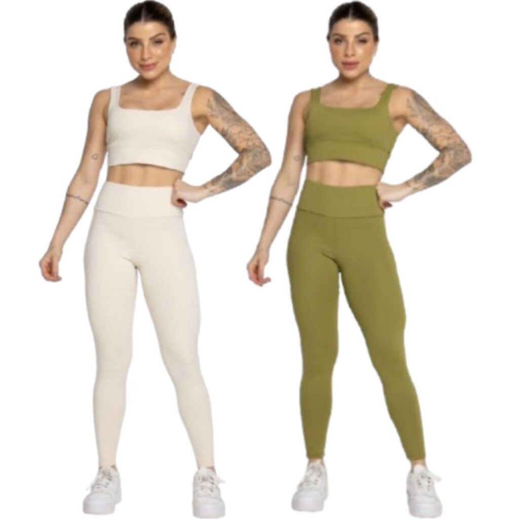 KIT 2 Conjunto Top Alça Grossa e Calça Smart Serra e Mar Alta Compressão Academia Moda Fitness