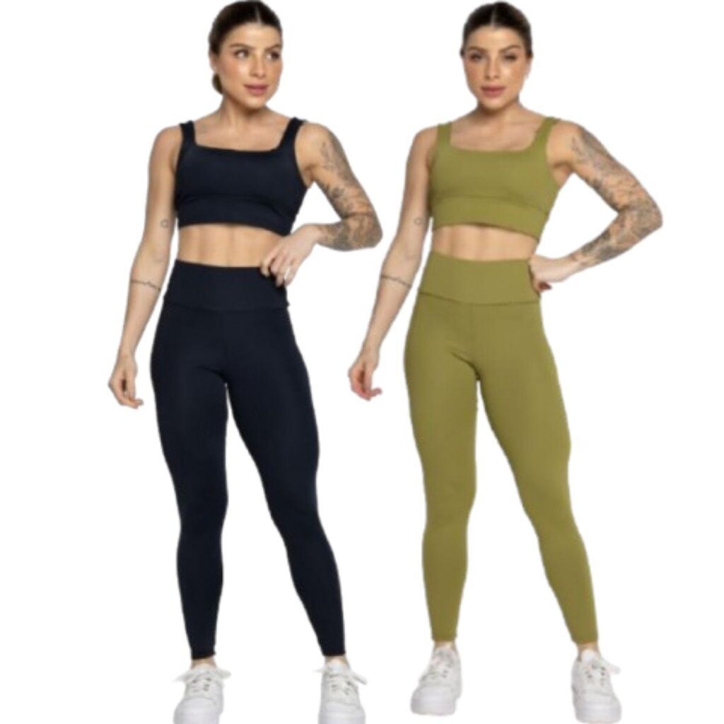 KIT 2 Conjunto Top Alça Grossa e Calça Smart Serra e Mar Alta Compressão Academia Moda Fitness