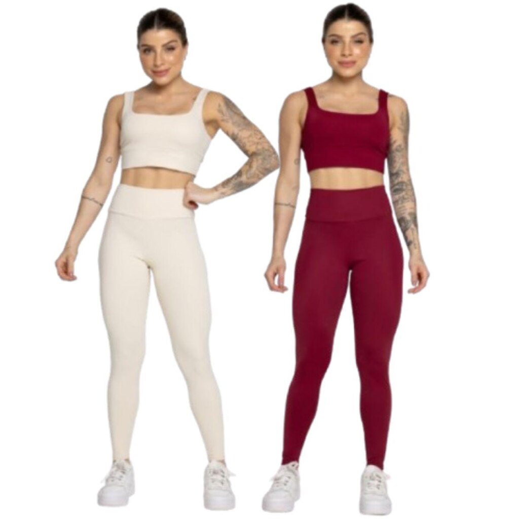 KIT 2 Conjunto Top Alça Grossa e Calça Smart Serra e Mar Alta Compressão Academia Moda Fitness