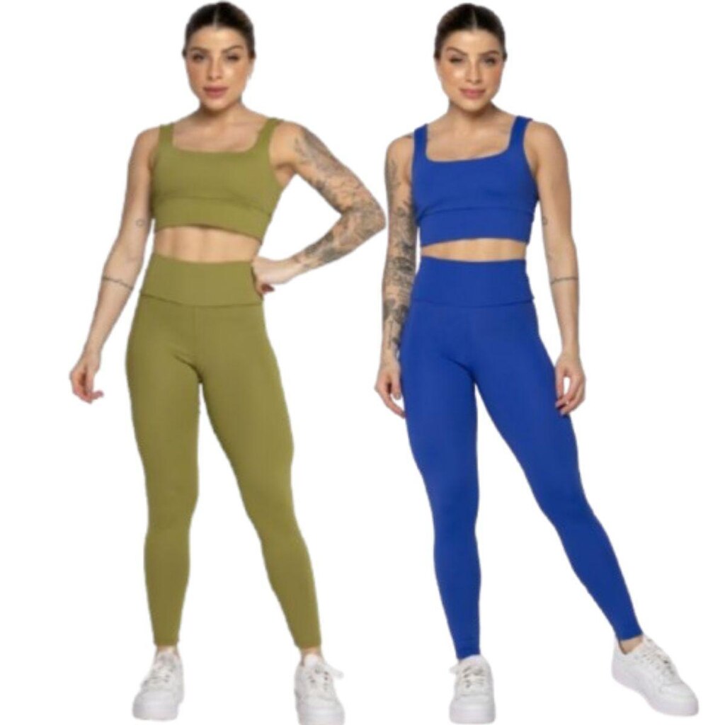 KIT 2 Conjunto Top Alça Grossa e Calça Smart Serra e Mar Alta Compressão Academia Moda Fitness