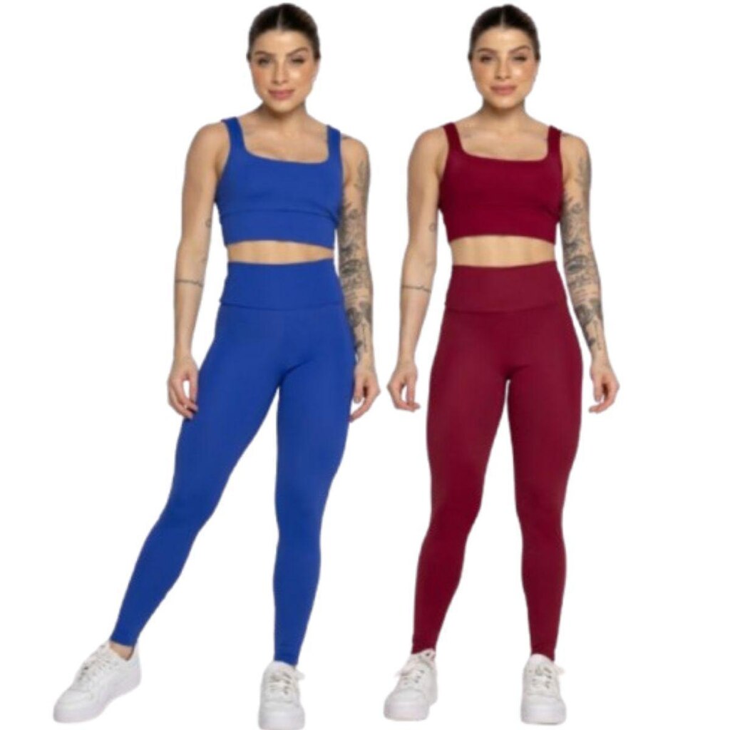 KIT 2 Conjunto Top Alça Grossa e Calça Smart Serra e Mar Alta Compressão Academia Moda Fitness