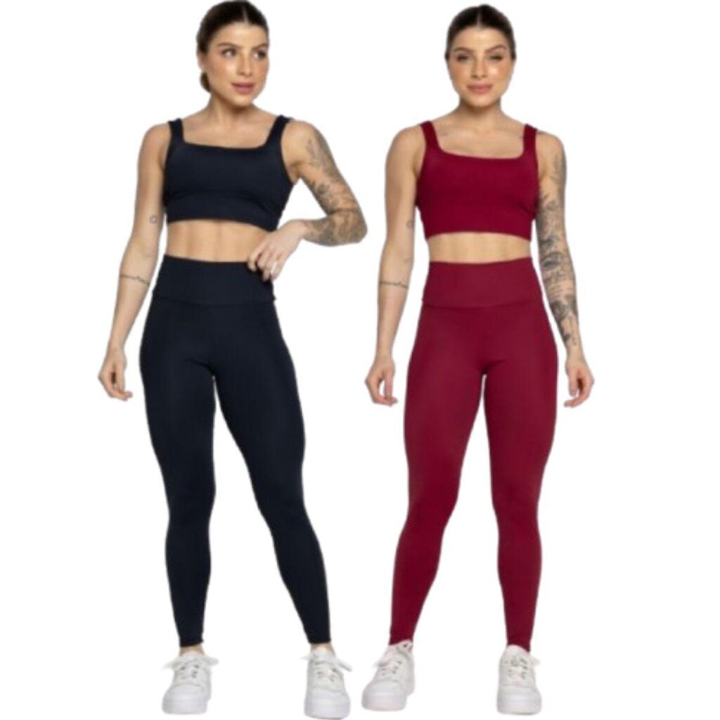 KIT 2 Conjunto Top Alça Grossa e Calça Smart Serra e Mar Alta Compressão Academia Moda Fitness