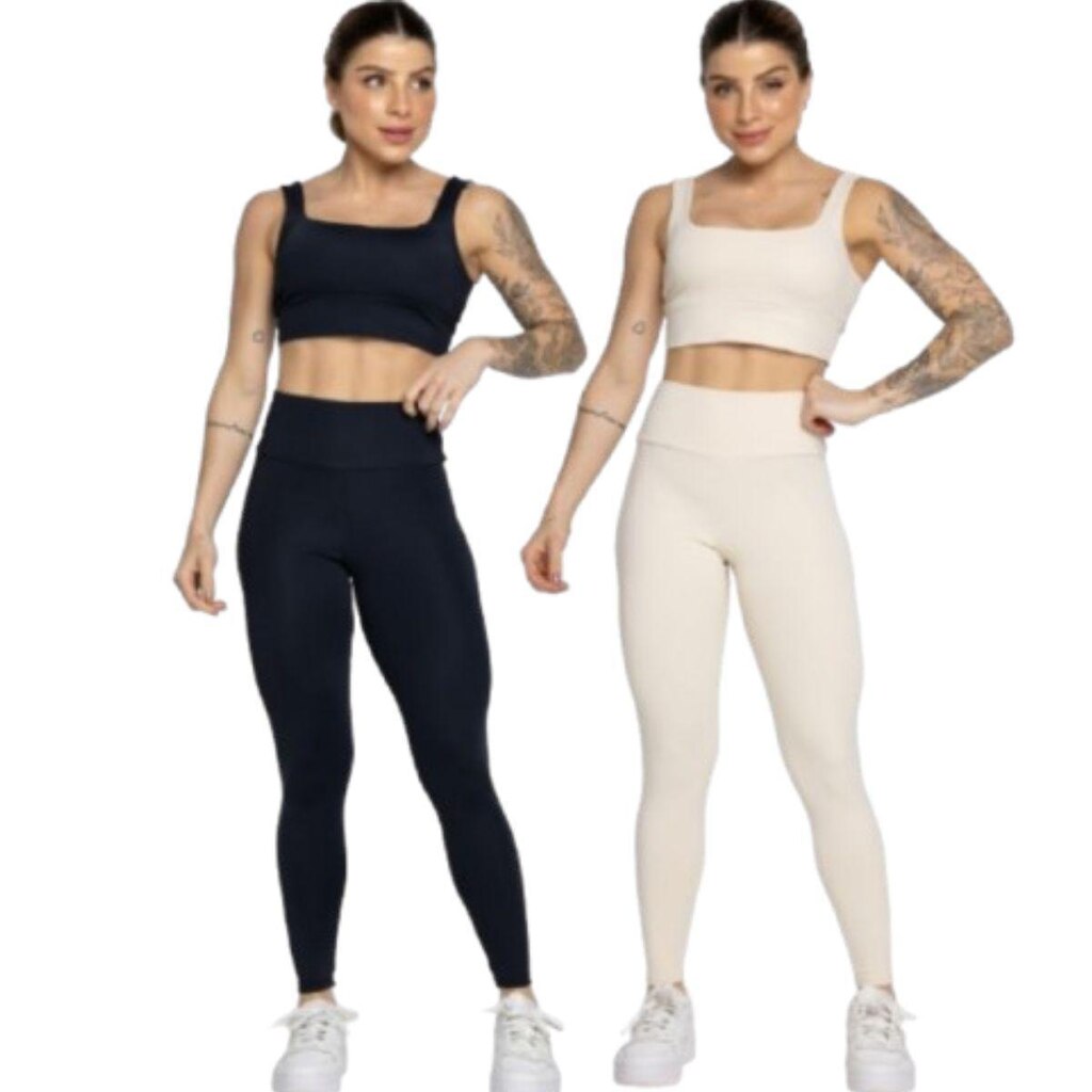 KIT 2 Conjunto Top Alça Grossa e Calça Smart Serra e Mar Alta Compressão Academia Moda Fitness