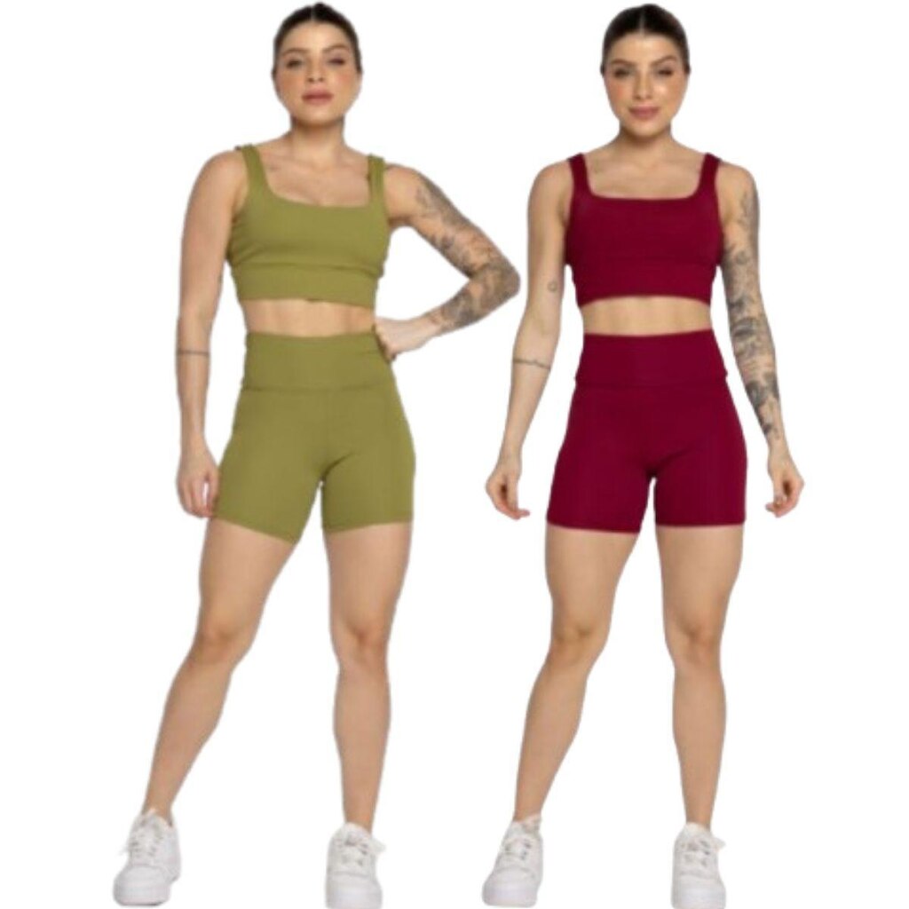 KIT 2 Conjunto Top Alça Grossa e Short Smart Serra e Mar Alta Compressão Academia Moda Fitness