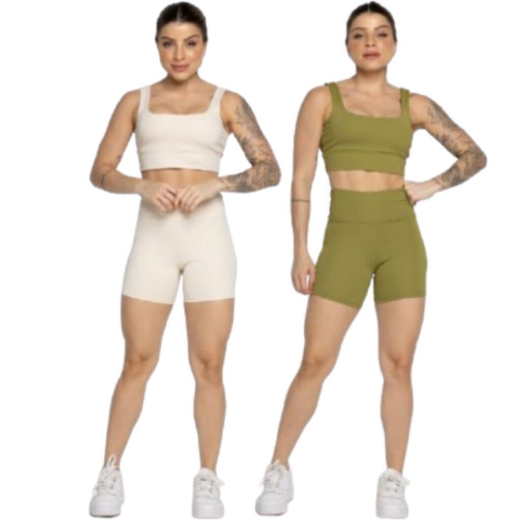 KIT 2 Conjunto Top Alça Grossa e Short Smart Serra e Mar Alta Compressão Academia Moda Fitness