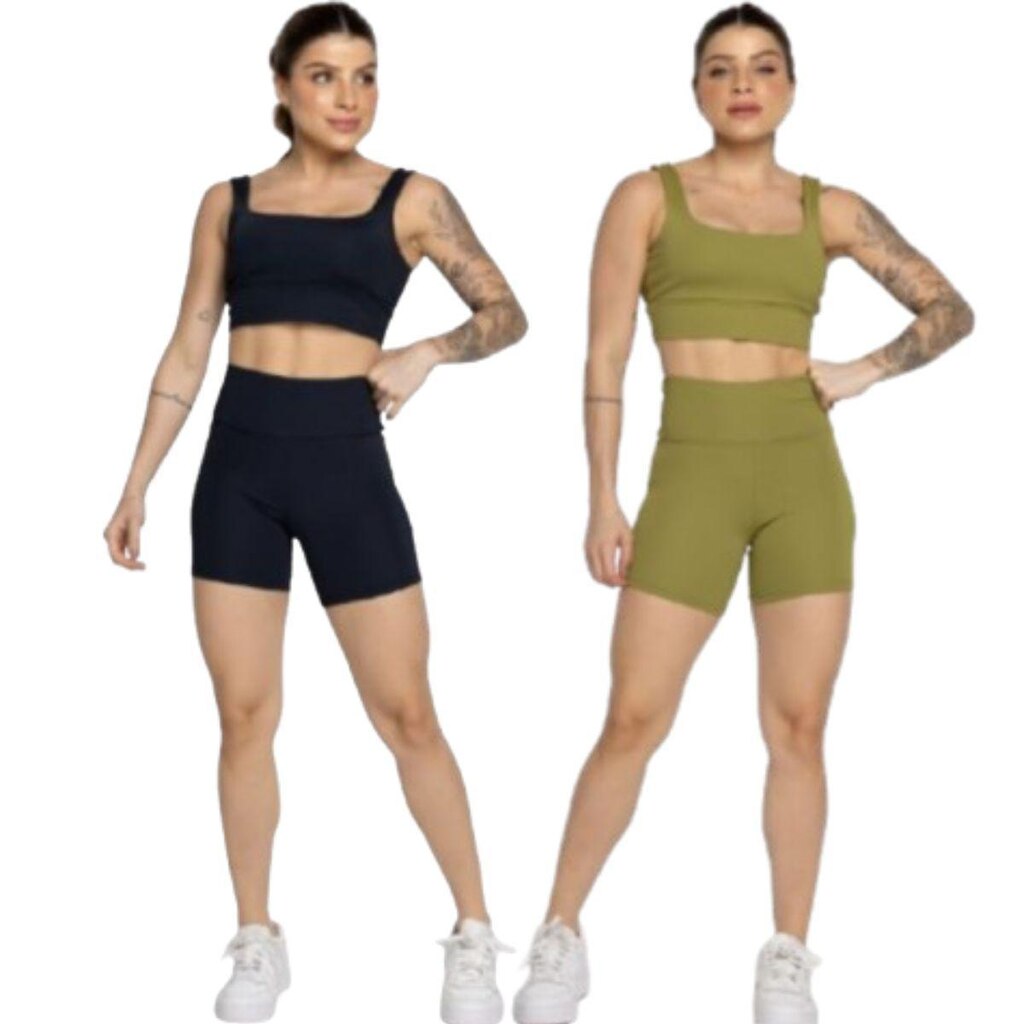 KIT 2 Conjunto Top Alça Grossa e Short Smart Serra e Mar Alta Compressão Academia Moda Fitness