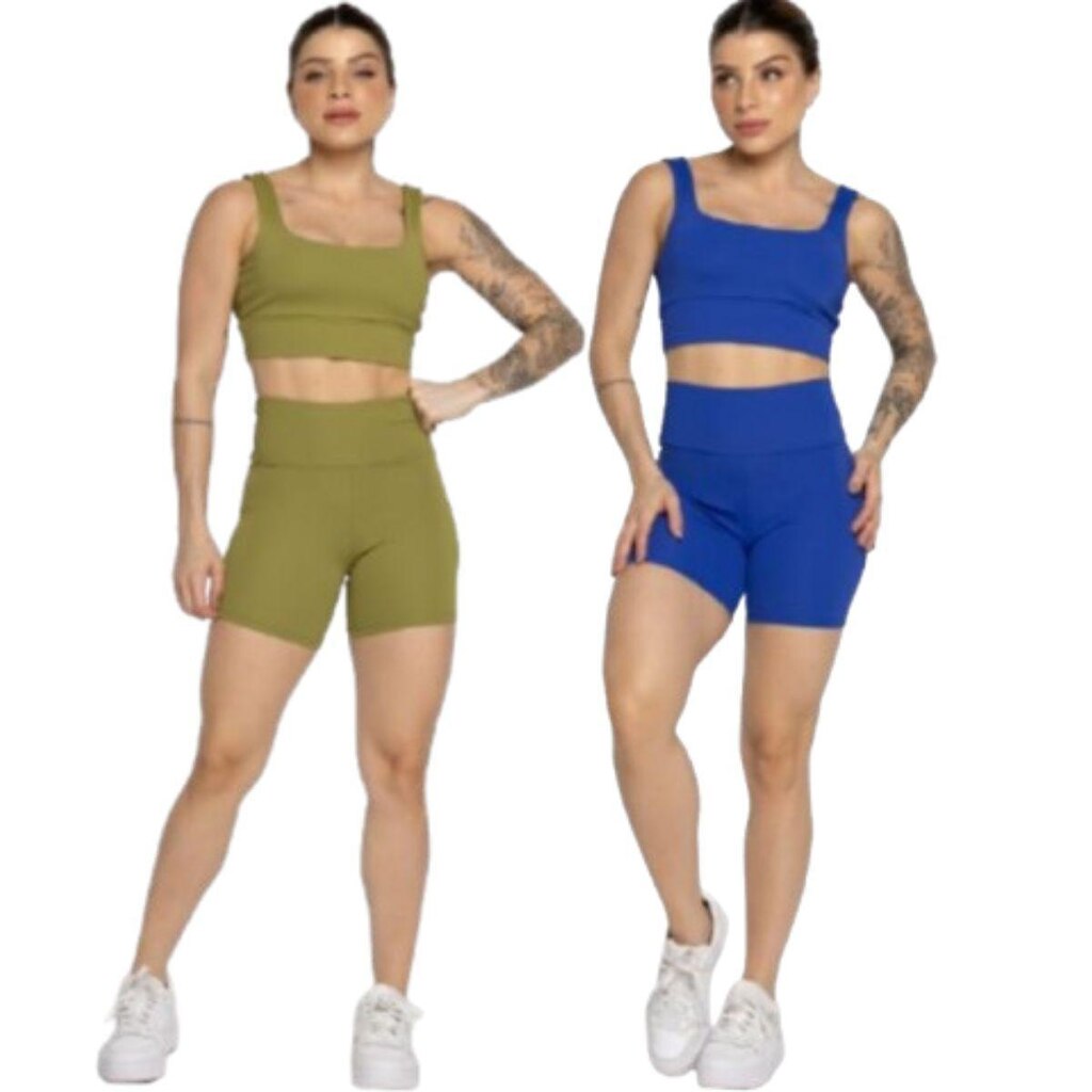 KIT 2 Conjunto Top Alça Grossa e Short Smart Serra e Mar Alta Compressão Academia Moda Fitness