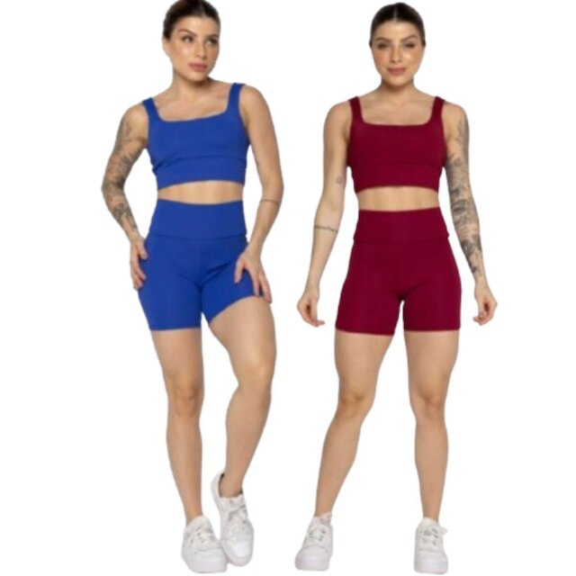 KIT 2 Conjunto Top Alça Grossa e Short Smart Serra e Mar Alta Compressão Academia Moda Fitness