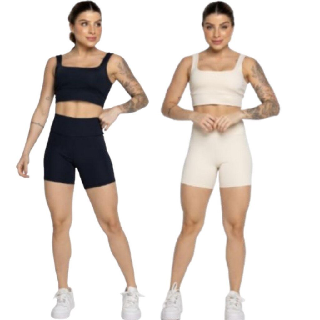 KIT 2 Conjunto Top Alça Grossa e Short Smart Serra e Mar Alta Compressão Academia Moda Fitness
