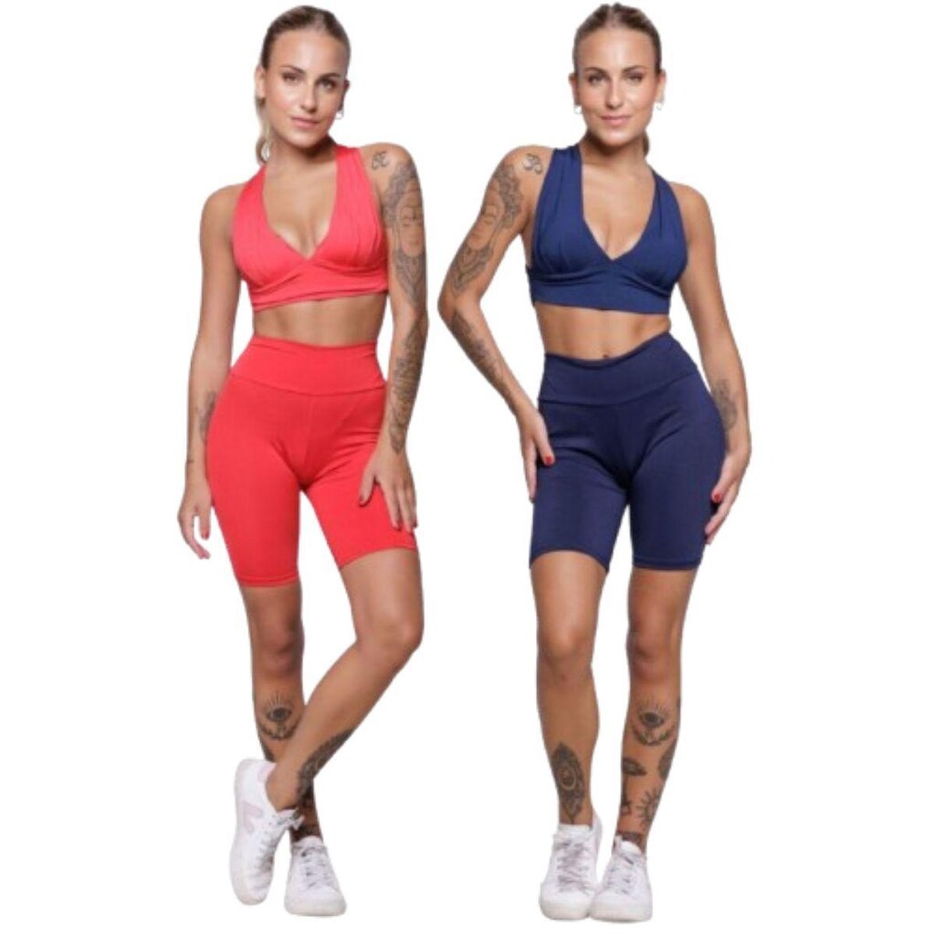 KIT 2 Conjunto Top Bojo e Bermudinha Serra e Mar Roupa Para Academia Treino Moda Fitness