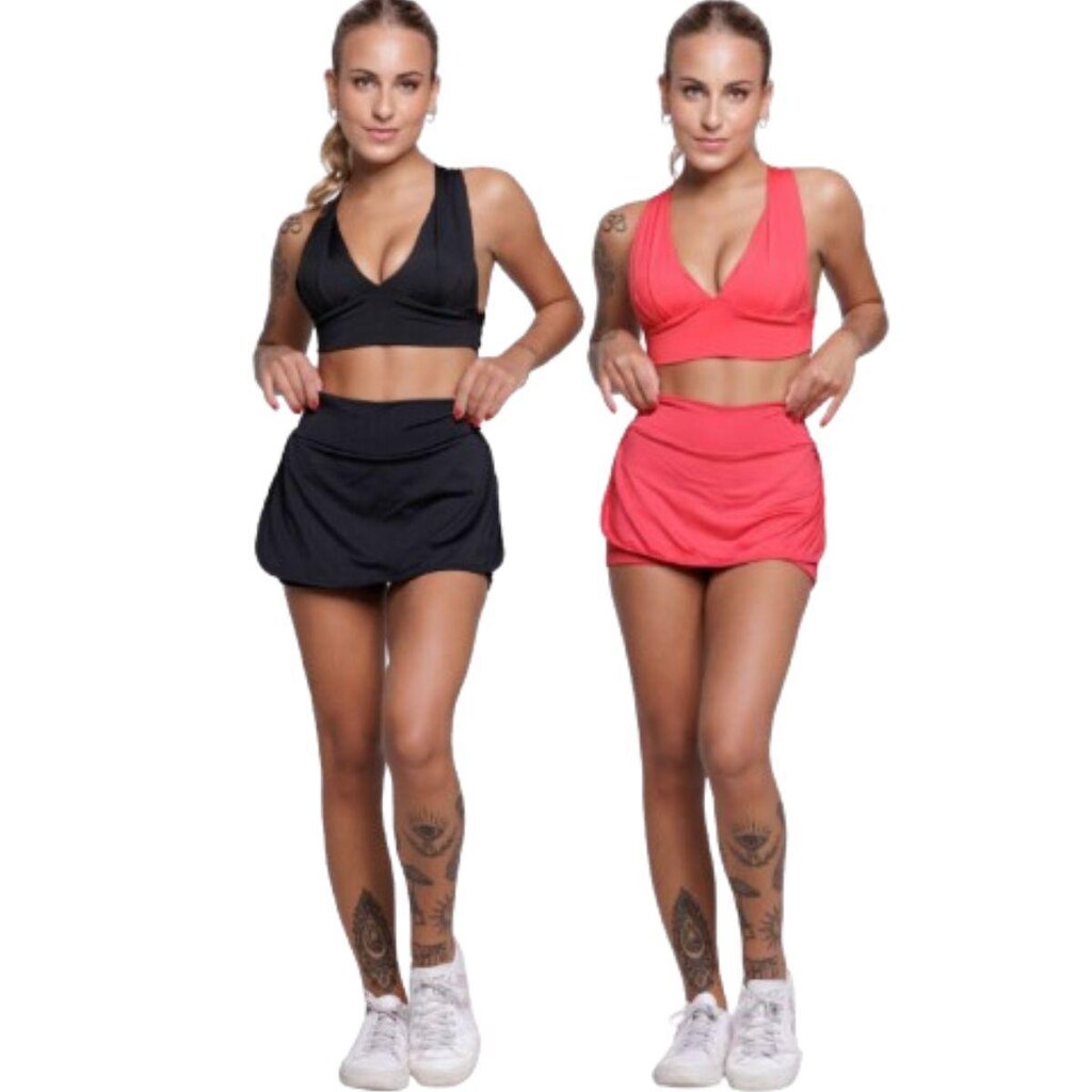 KIT 2 Conjunto Top Bojo e Short Saia Serra e Mar Roupas para Academia Treino Moda Fitness