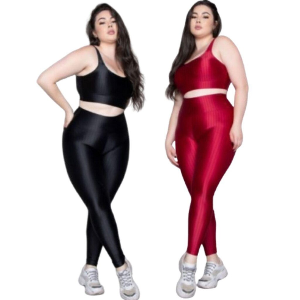 KIT 2 Conjunto Top e Calça Plus Size New Zig 3D Serra e Mar Bojo Compressão Academia Moda Fitness