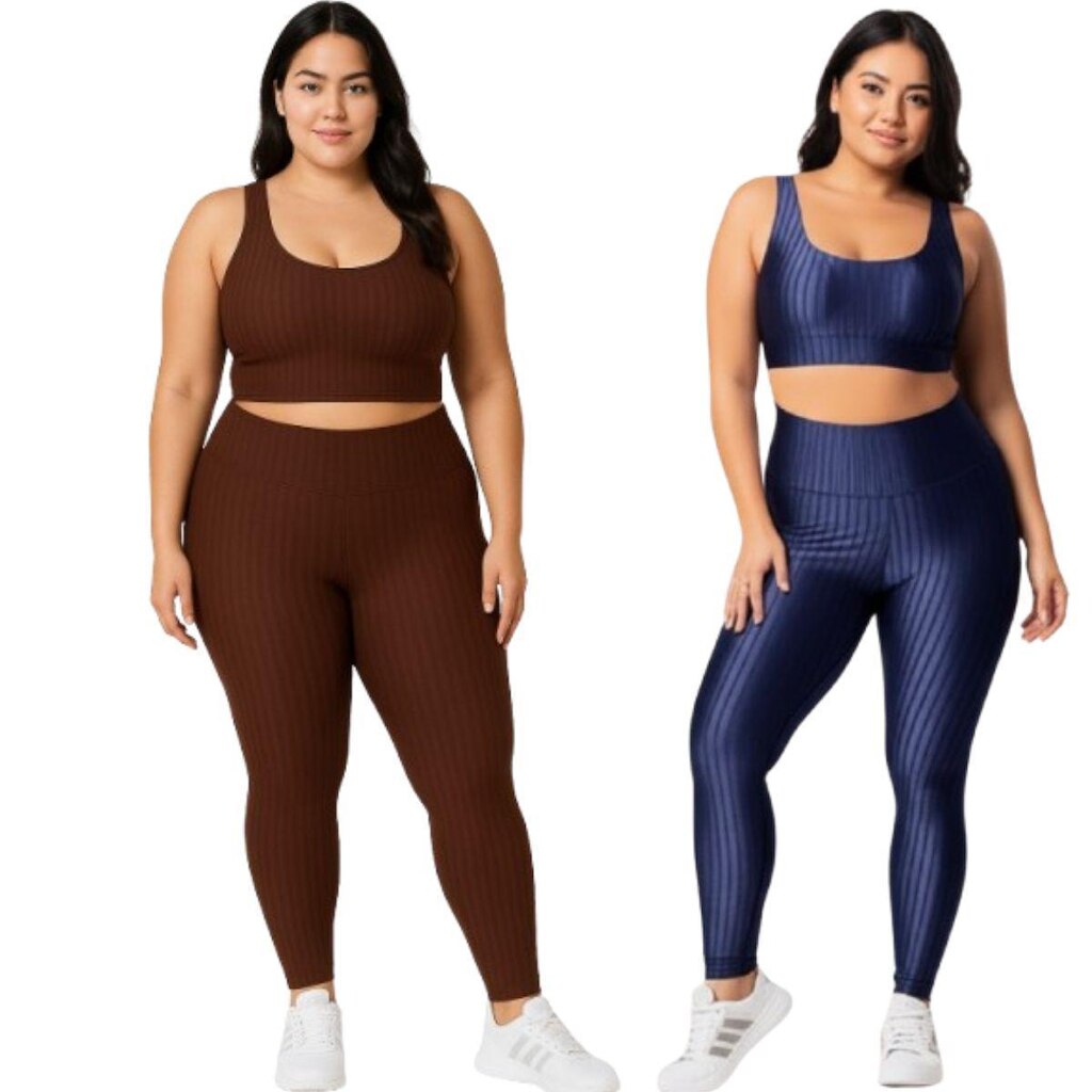 KIT 2 Conjunto Top e Calça Plus Size New Zig 3D Serra e Mar Bojo Compressão Academia Moda Fitness
