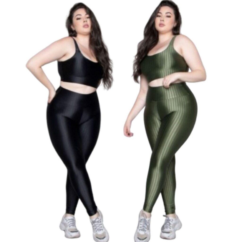 KIT 2 Conjunto Top e Calça Plus Size New Zig 3D Serra e Mar Bojo Compressão Academia Moda Fitness