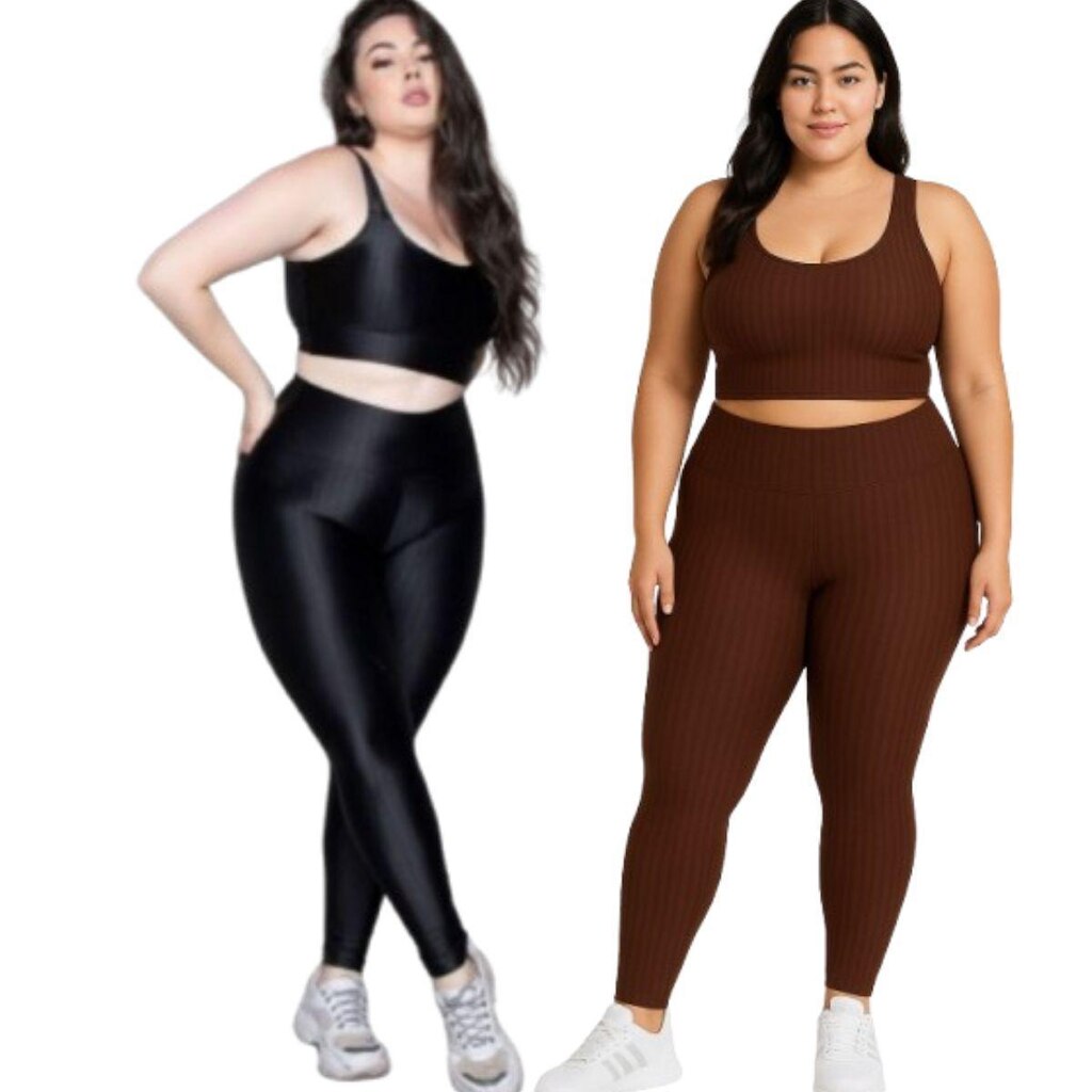KIT 2 Conjunto Top e Calça Plus Size New Zig 3D Serra e Mar Bojo Compressão Academia Moda Fitness