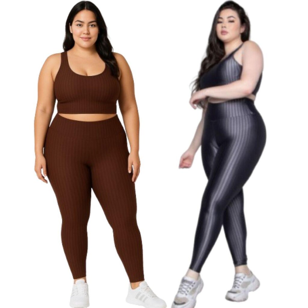 KIT 2 Conjunto Top e Calça Plus Size New Zig 3D Serra e Mar Bojo Compressão Academia Moda Fitness