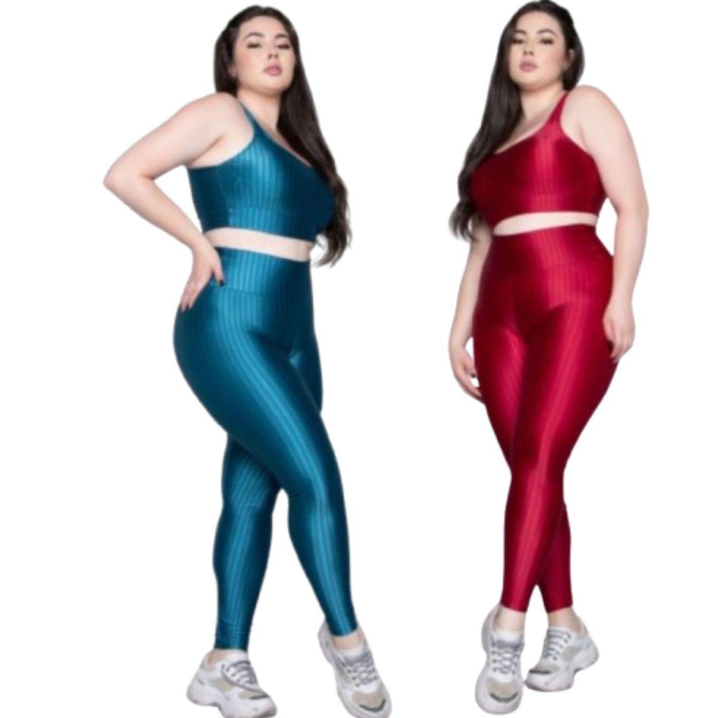KIT 2 Conjunto Top e Calça Plus Size New Zig 3D Serra e Mar Bojo Compressão Academia Moda Fitness