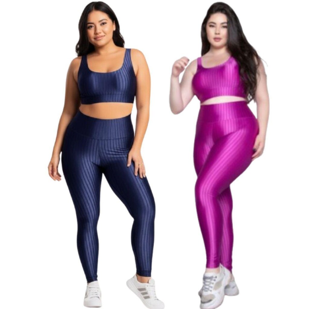 KIT 2 Conjunto Top e Calça Plus Size New Zig 3D Serra e Mar Bojo Compressão Academia Moda Fitness