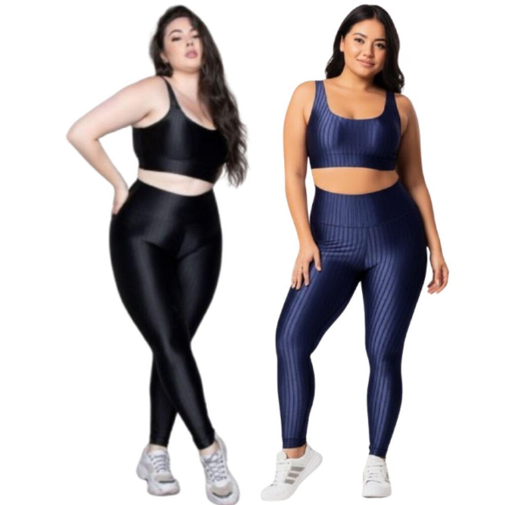 KIT 2 Conjunto Top e Calça Plus Size New Zig 3D Serra e Mar Bojo Compressão Academia Moda Fitness