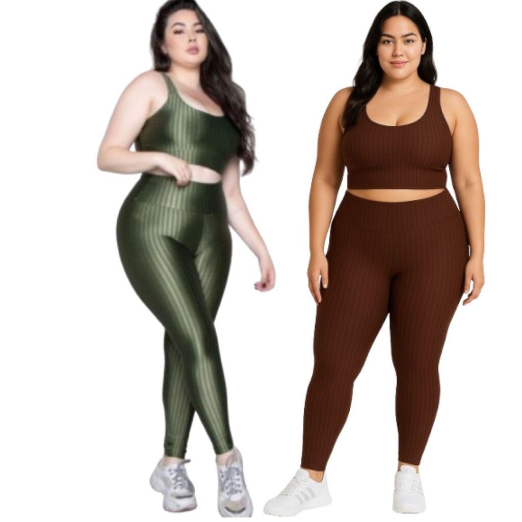 KIT 2 Conjunto Top e Calça Plus Size New Zig 3D Serra e Mar Bojo Compressão Academia Moda Fitness