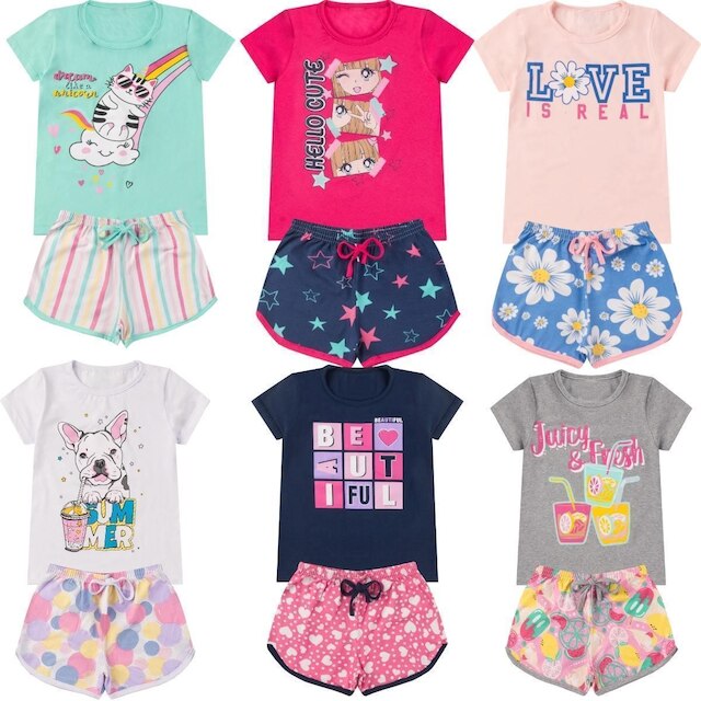 Kit 2 Conjuntos Verão Infantil Juvenil Feminino Algodão Blusinha + Shorts Roupa Menina Tam 10 ao16