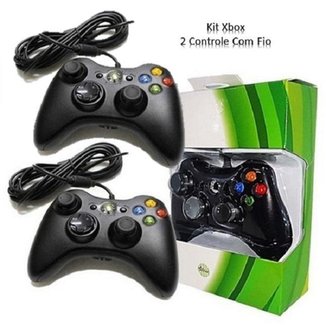 Kit 2 Controle Com Fio Xbox 360 E Pc Slim Joystick