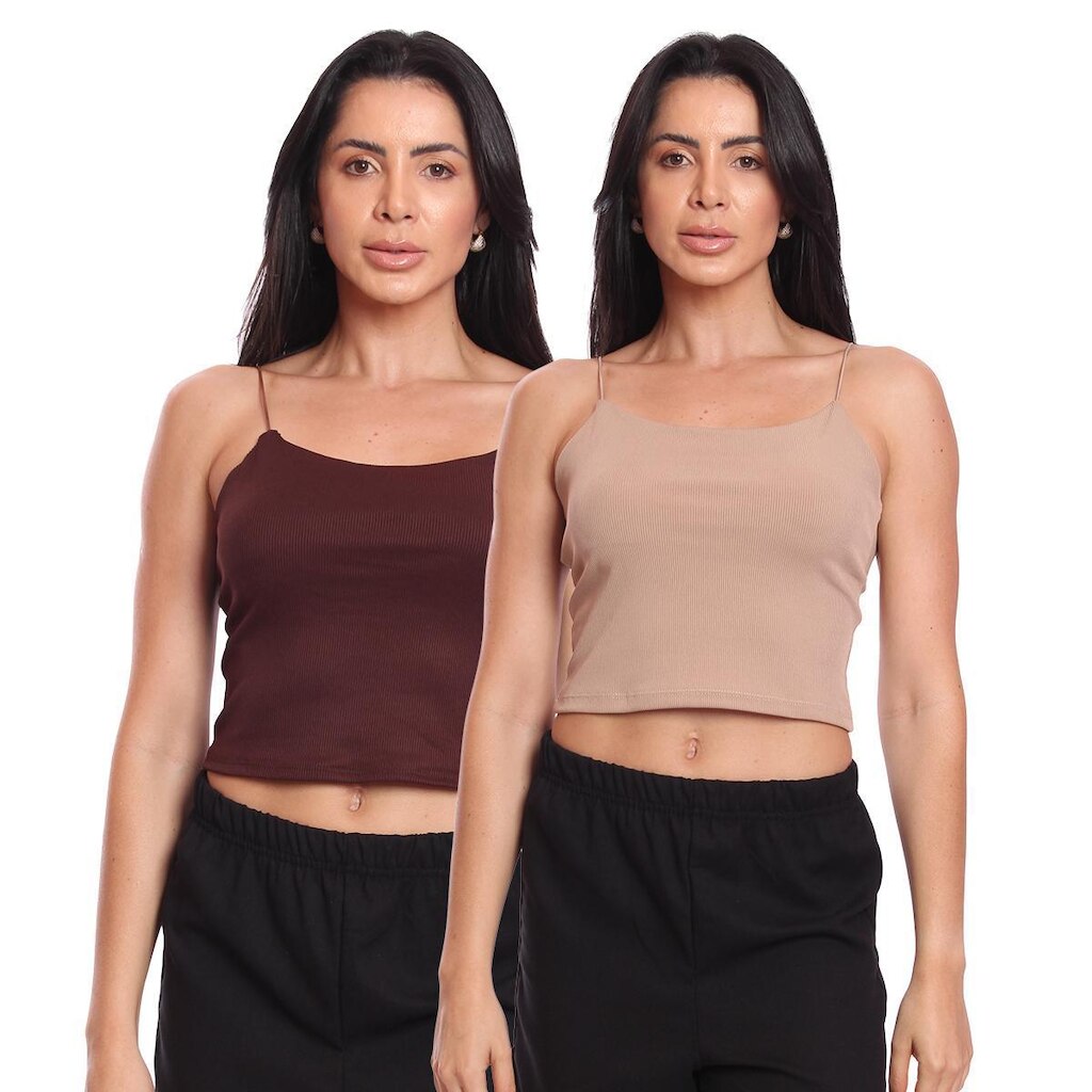 Kit 2 Cropped Alcinha Feminino Canelado Ribana Sem Bojo Básico Casual
