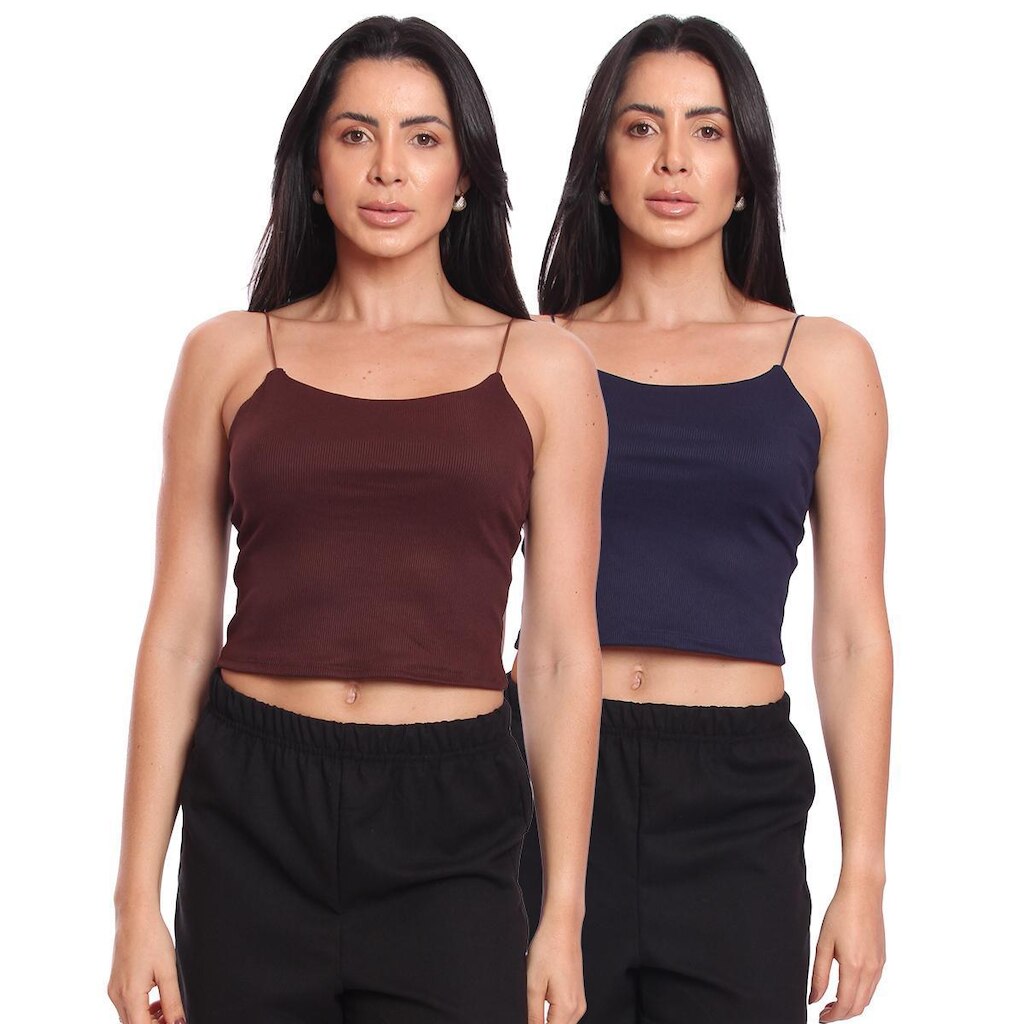 Kit 2 Cropped Alcinha Feminino Canelado Ribana Sem Bojo Básico Casual