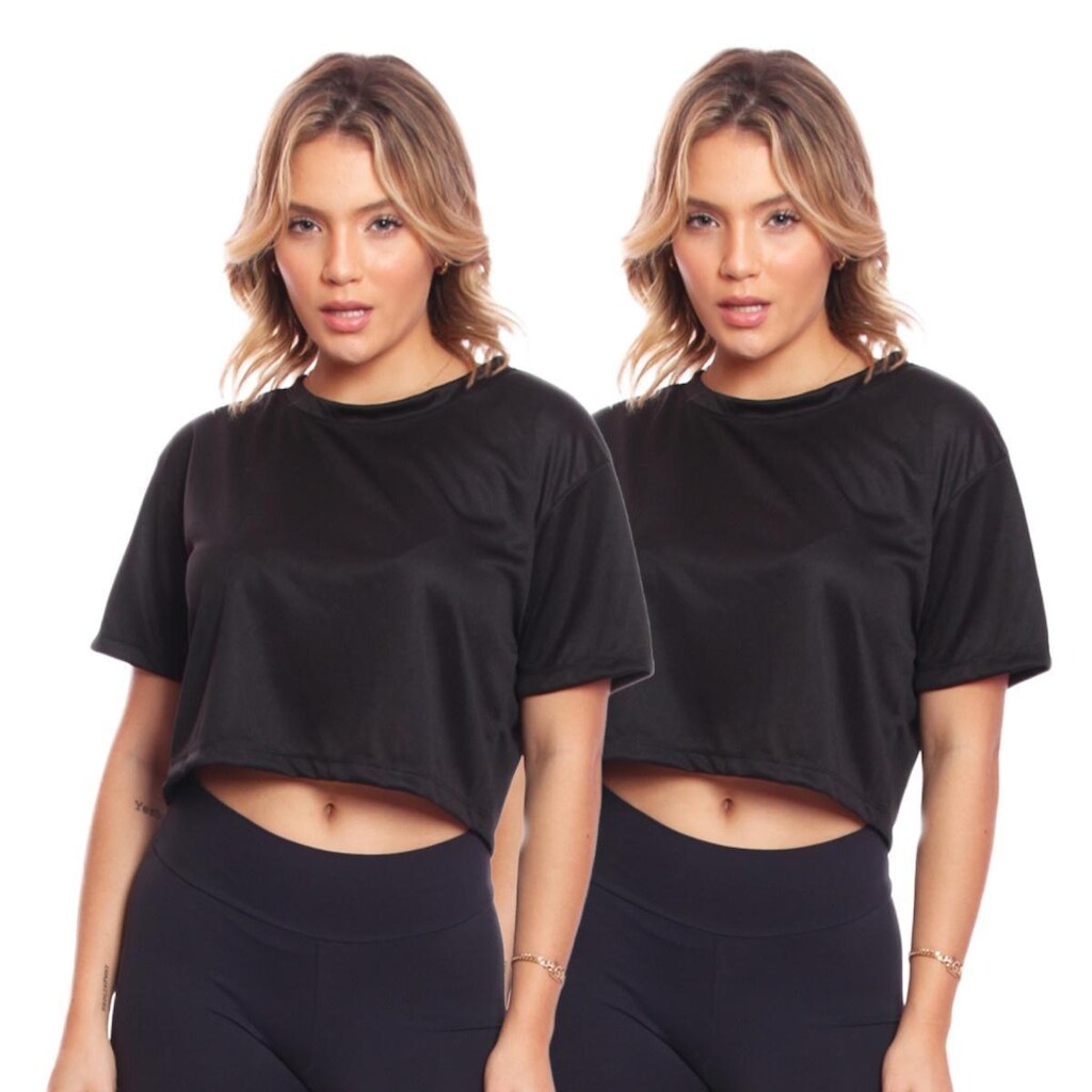 Kit 2 Cropped Manga Curta Oversized Feminino Proteção Uv Blusa