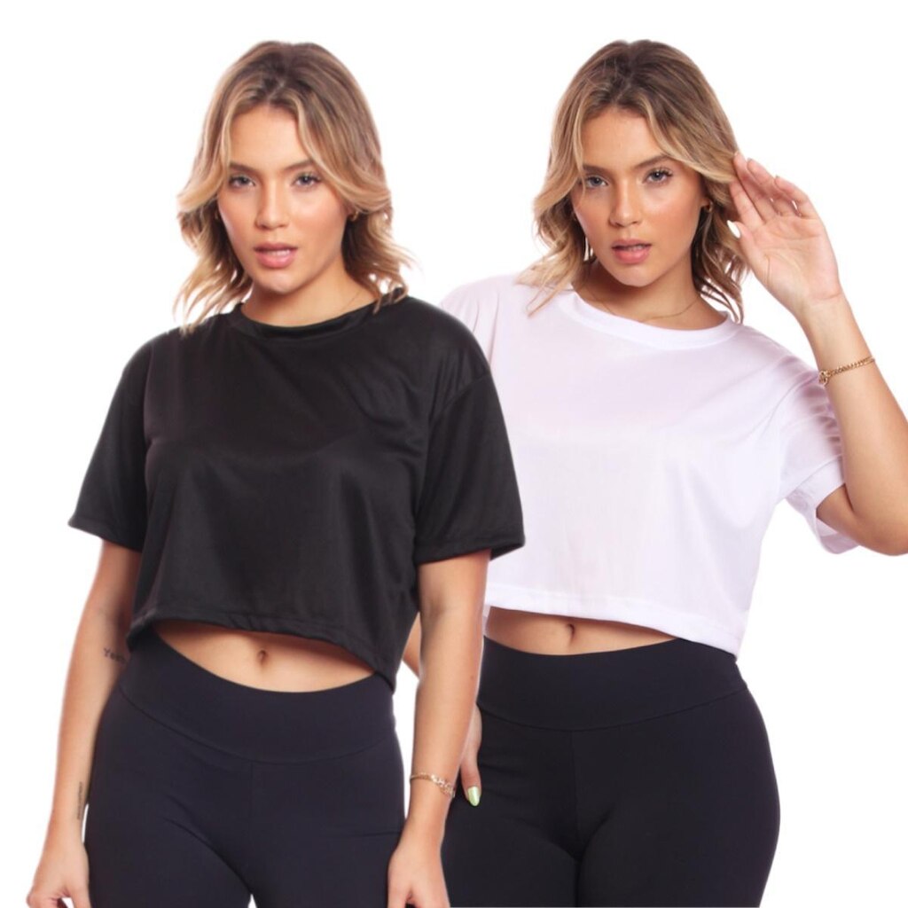 Kit 2 Cropped Manga Curta Oversized Feminino Proteção Uv Blusa