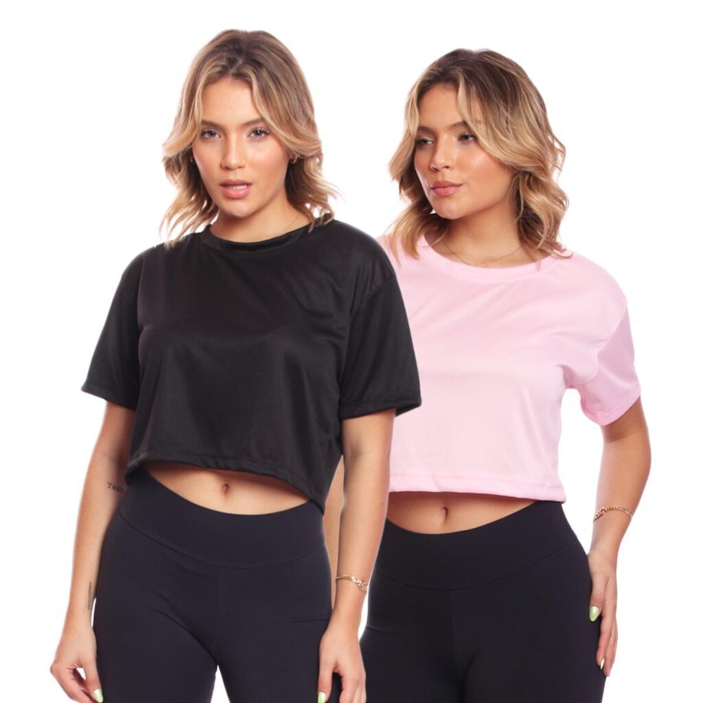 Kit 2 Cropped Manga Curta Oversized Feminino Proteção Uv Blusa