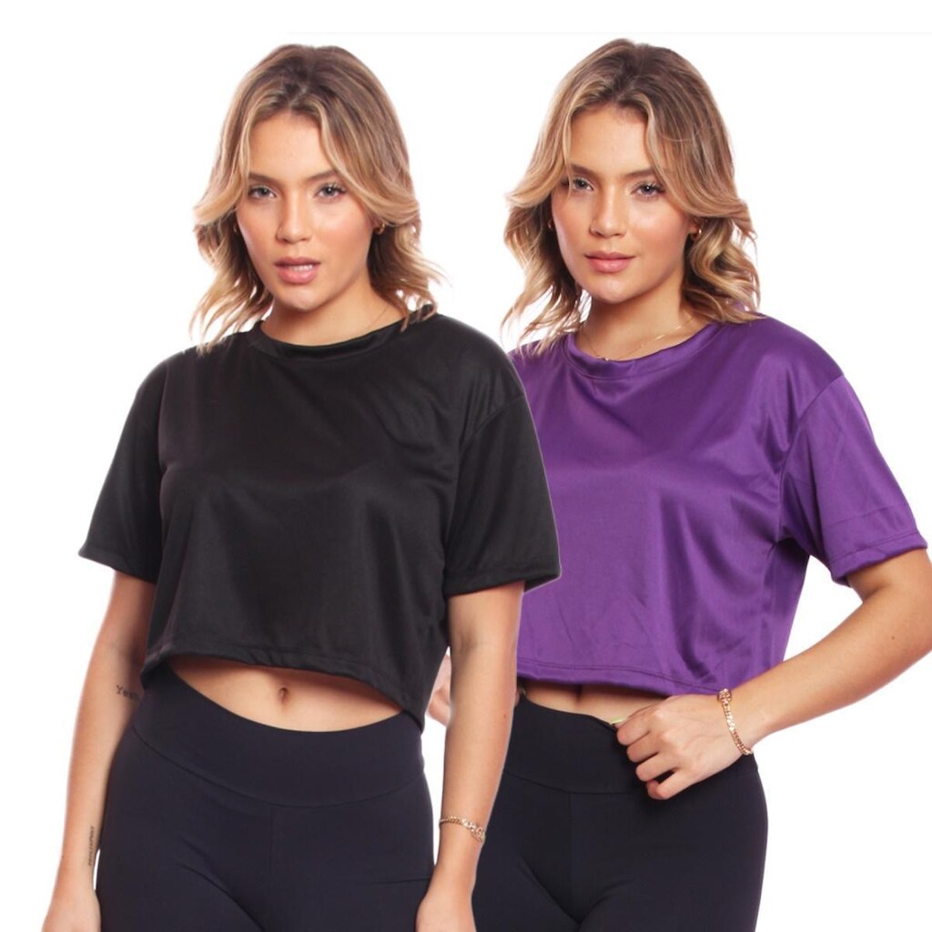 Kit 2 Cropped Manga Curta Oversized Feminino Proteção Uv Blusa