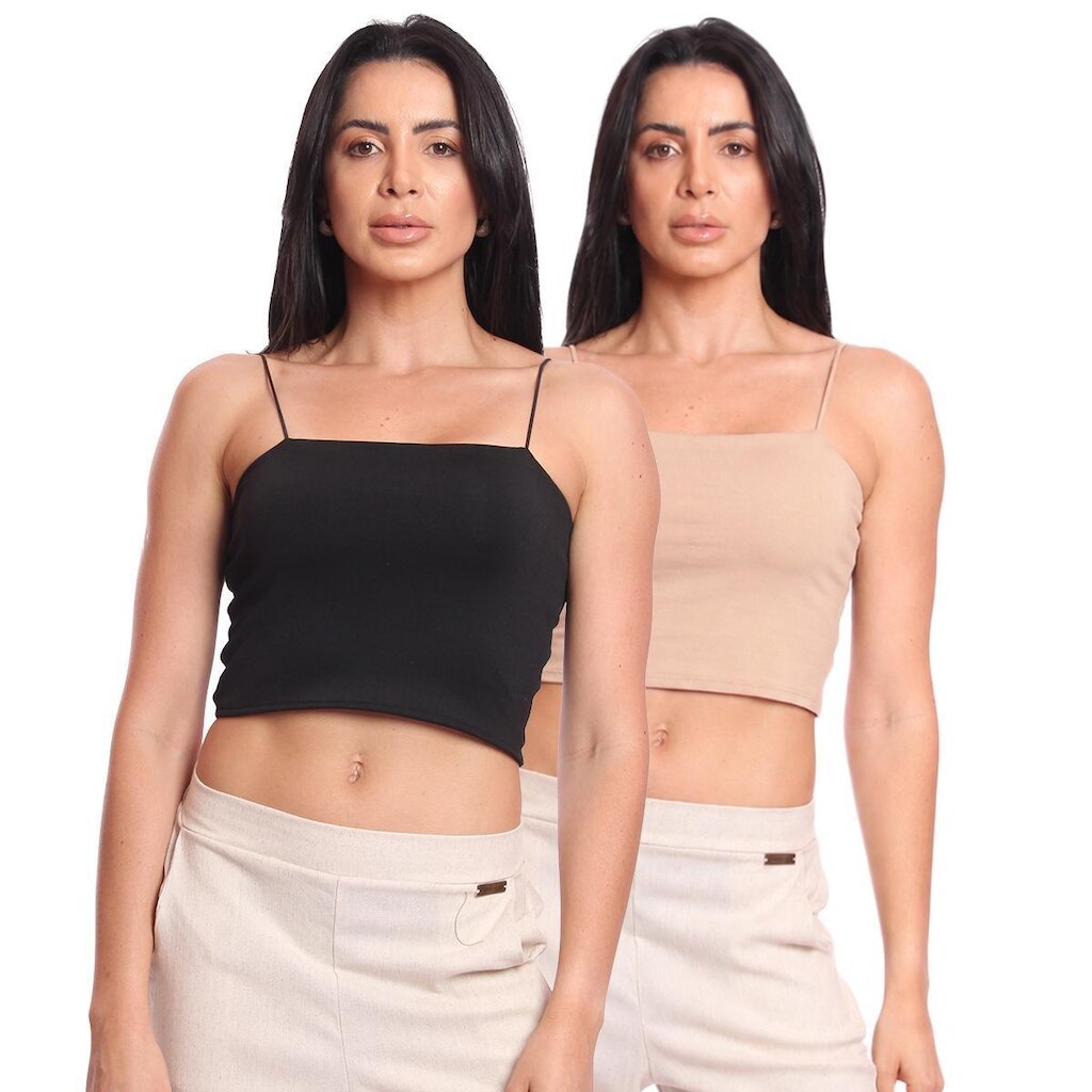 Kit 2 Cropped Top Feminino Alcinha com Elástico Suplex Liso Básico Casual