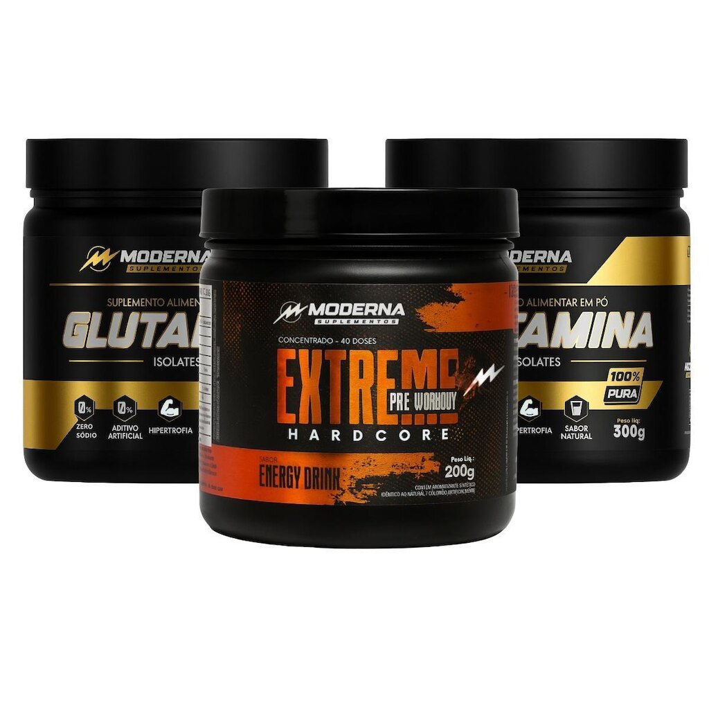 Kit 2 Glutaminas + 1 Pré-Treino Moderna Suplementos 300gr + 300gr + 200gr