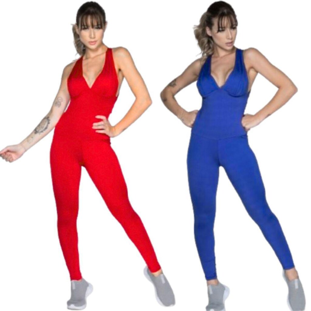 KIT 2 Macacão Liso Longo Bojo Serra e Mar Roupa para Academia Treino Suplex Moda Fitness